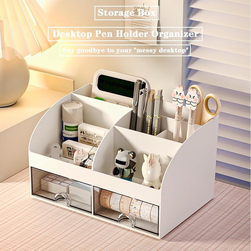COMFYROOM Desk Organizer with 6 Compartments and 2 Drawers, Plastic Makeup Organizer, Pen Holder for Desktop Storage, Desk Organization for School, Home, Office Supplies (White) - Image 3